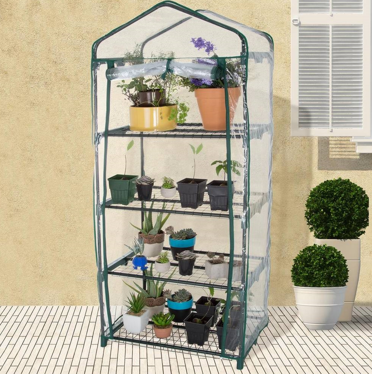 Fast Furnishings Durable 4-Tier Plant Stand Greenhouse with Zippered PVC CoverSide Walls