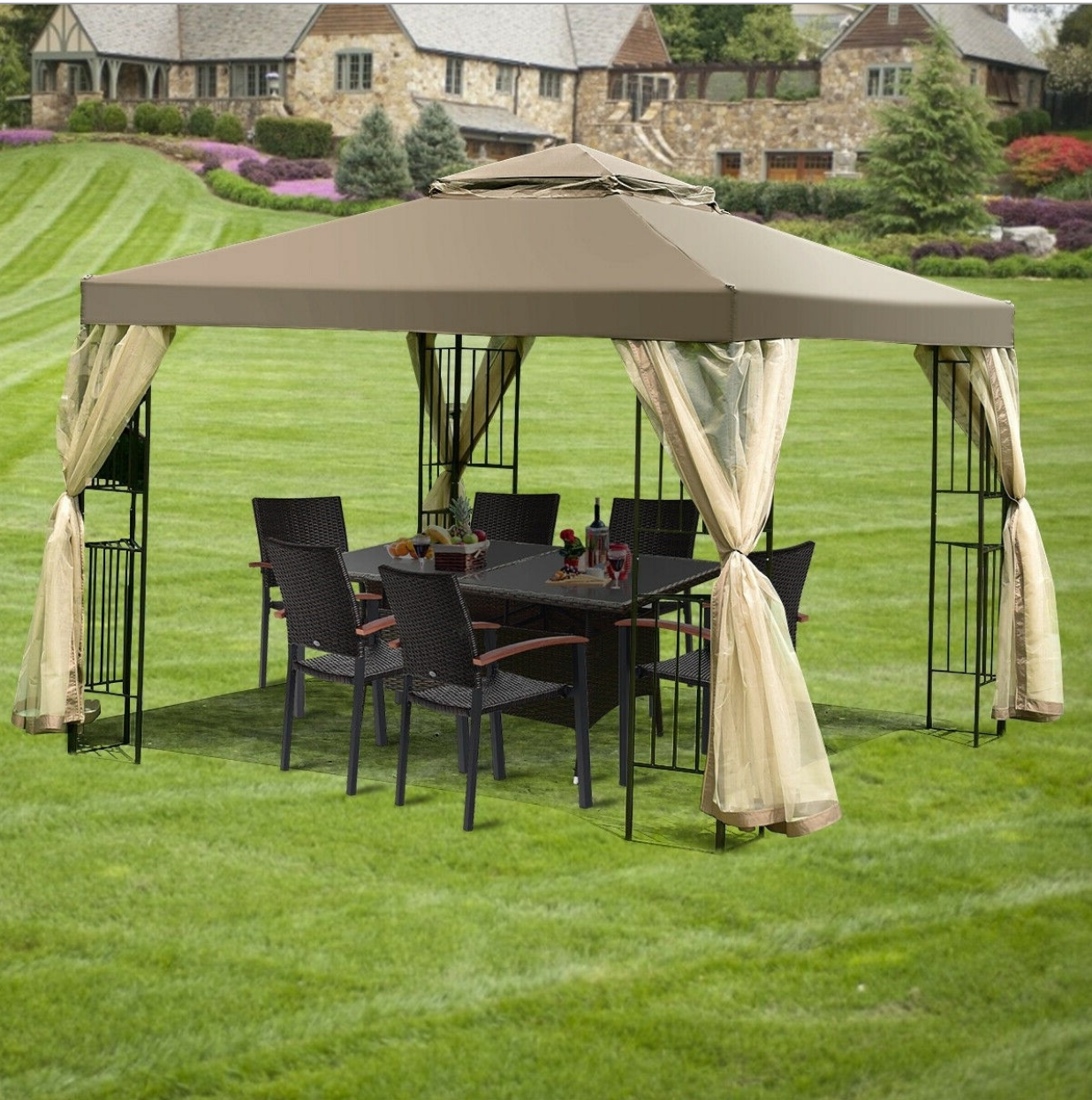 Fast Furnishings 10 x 10 Ft Outdoor Patio Gazebo with Taupe Brown Canopy and Mesh Sidewalls