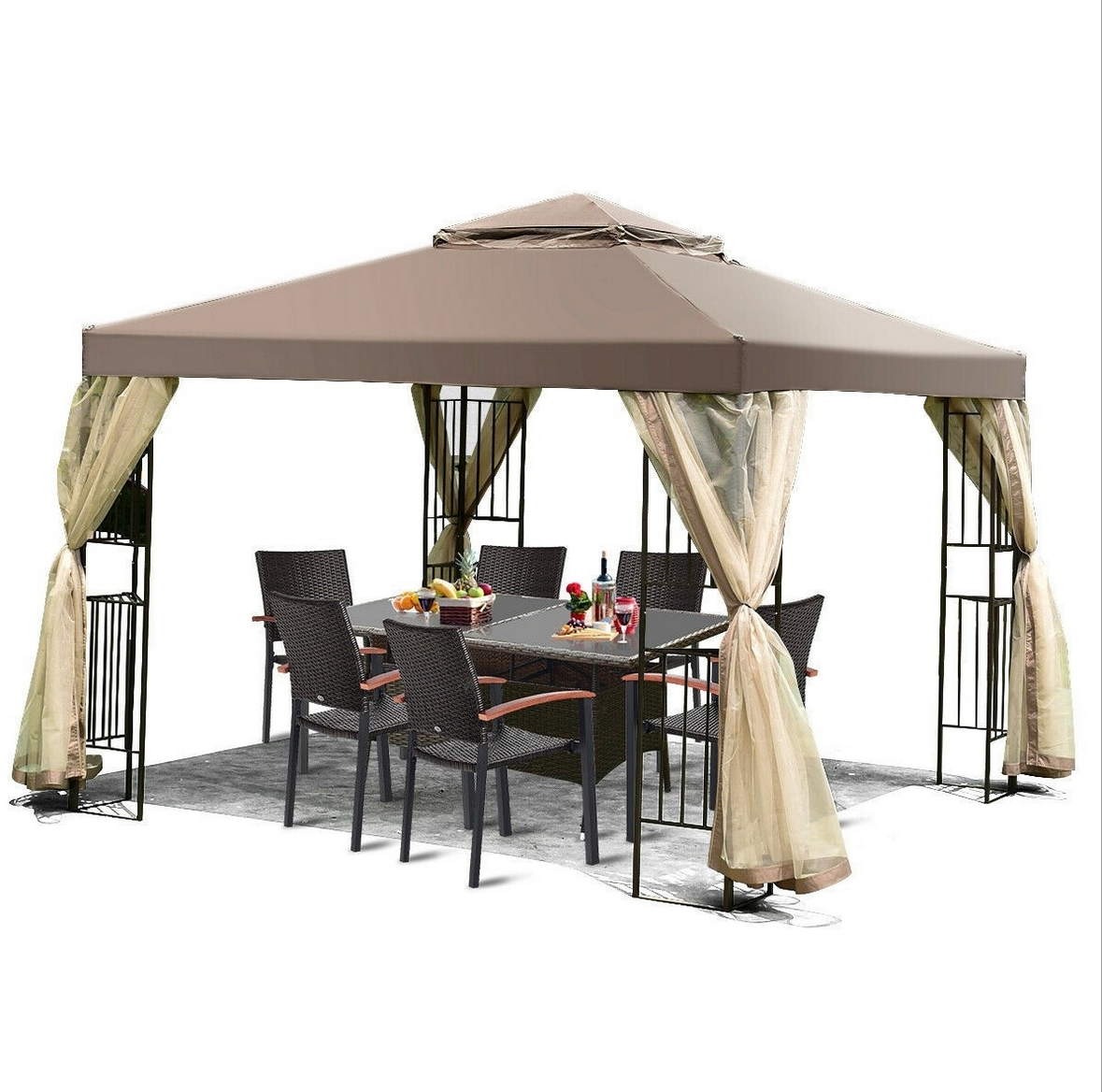 Fast Furnishings 10 x 10 Ft Outdoor Patio Gazebo with Taupe Brown Canopy and Mesh Sidewalls