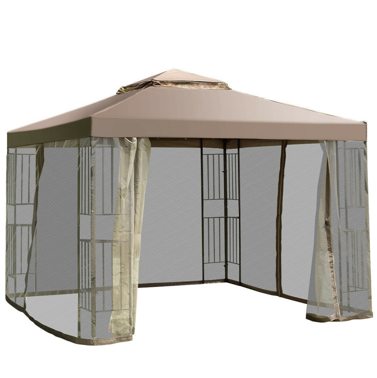 Fast Furnishings 10 x 10 Ft Outdoor Patio Gazebo with Taupe Brown Canopy and Mesh Sidewalls