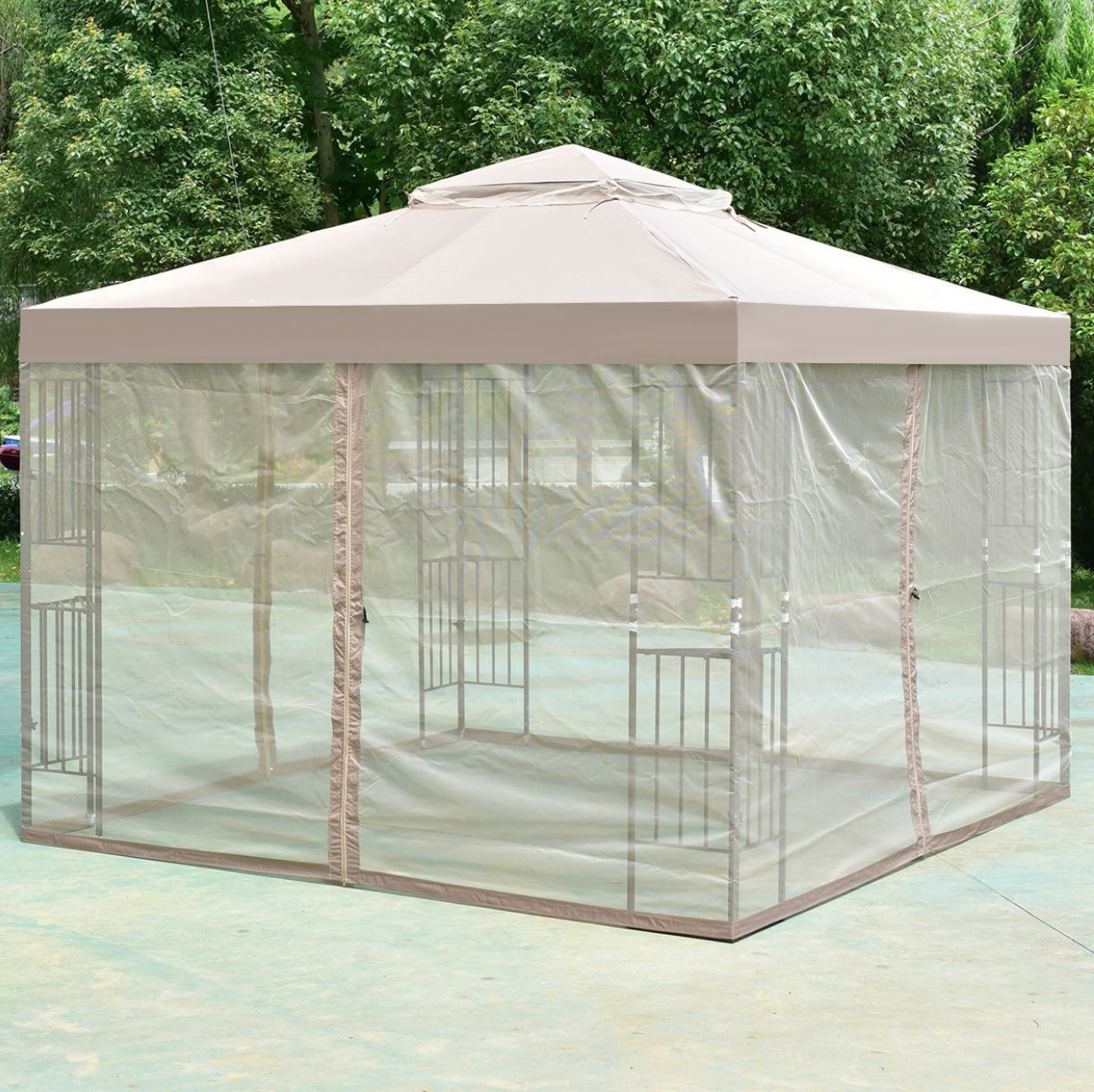 Fast Furnishings 10 x 10 Ft Outdoor Patio Gazebo with Taupe Brown Canopy and Mesh Sidewalls