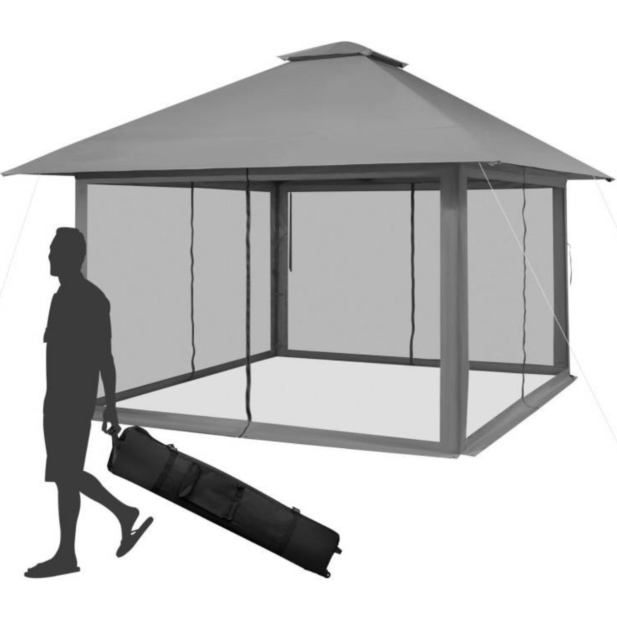 Fast Furnishings Grey 13 x 13 Ft Pop-Up Gazebo Outdoor Canopy w/ Mesh Mosquito Netting Sidewalls