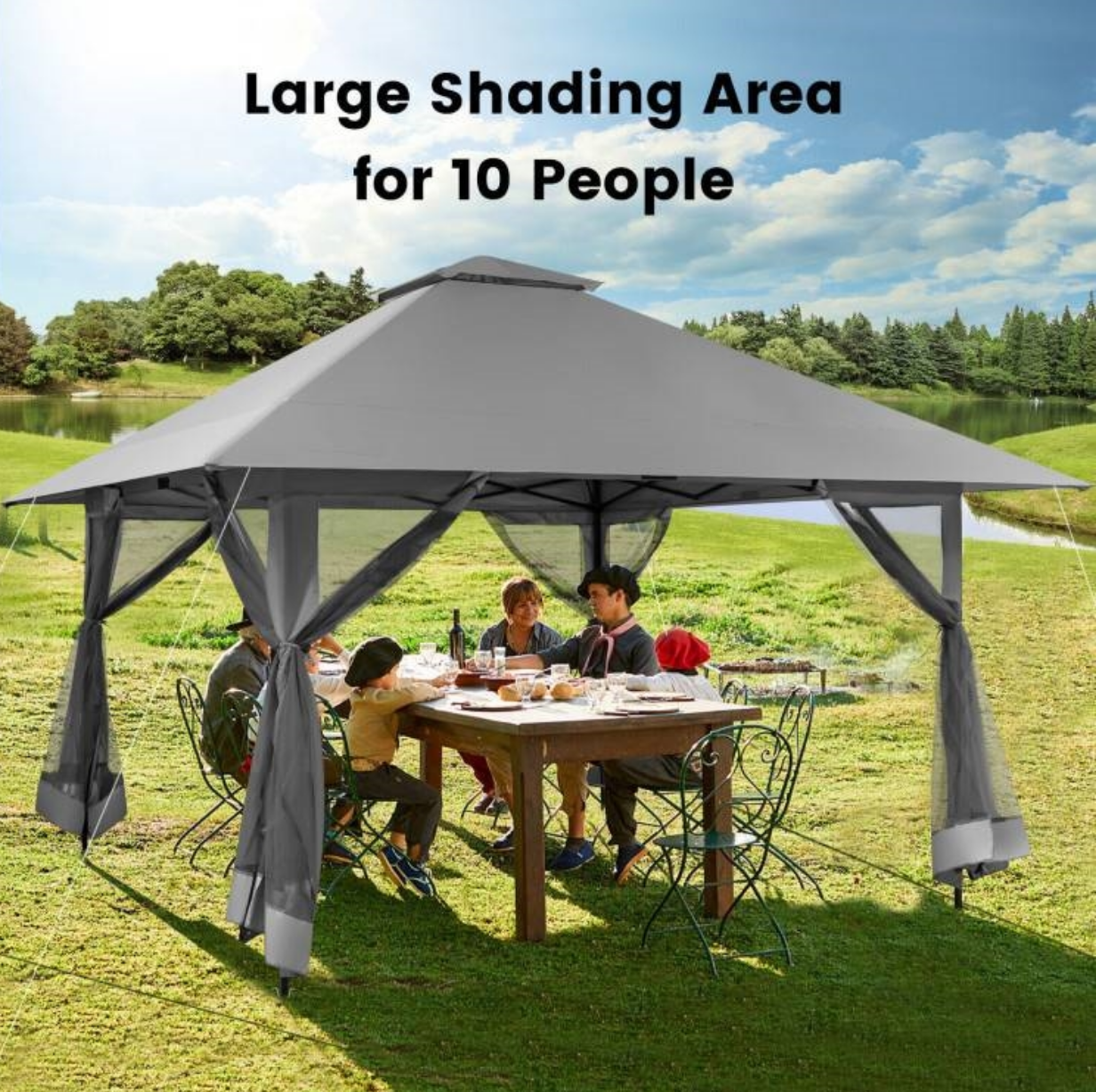 Fast Furnishings Grey 13 x 13 Ft Pop-Up Gazebo Outdoor Canopy w/ Mesh Mosquito Netting Sidewalls