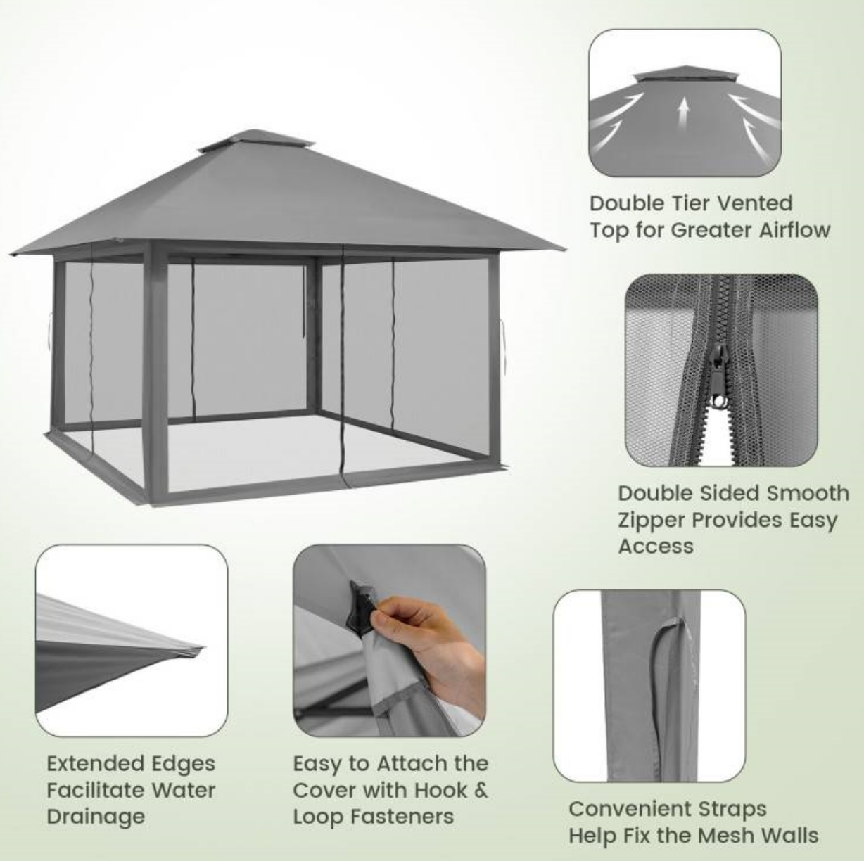 Fast Furnishings Grey 13 x 13 Ft Pop-Up Gazebo Outdoor Canopy w/ Mesh Mosquito Netting Sidewalls