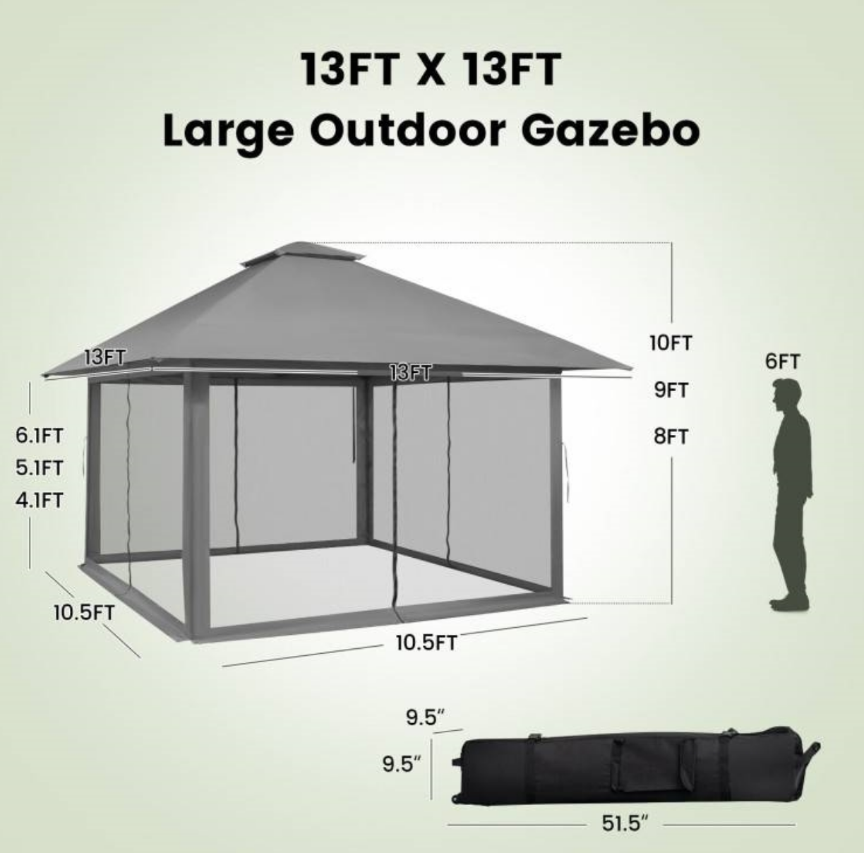 Fast Furnishings Grey 13 x 13 Ft Pop-Up Gazebo Outdoor Canopy w/ Mesh Mosquito Netting Sidewalls