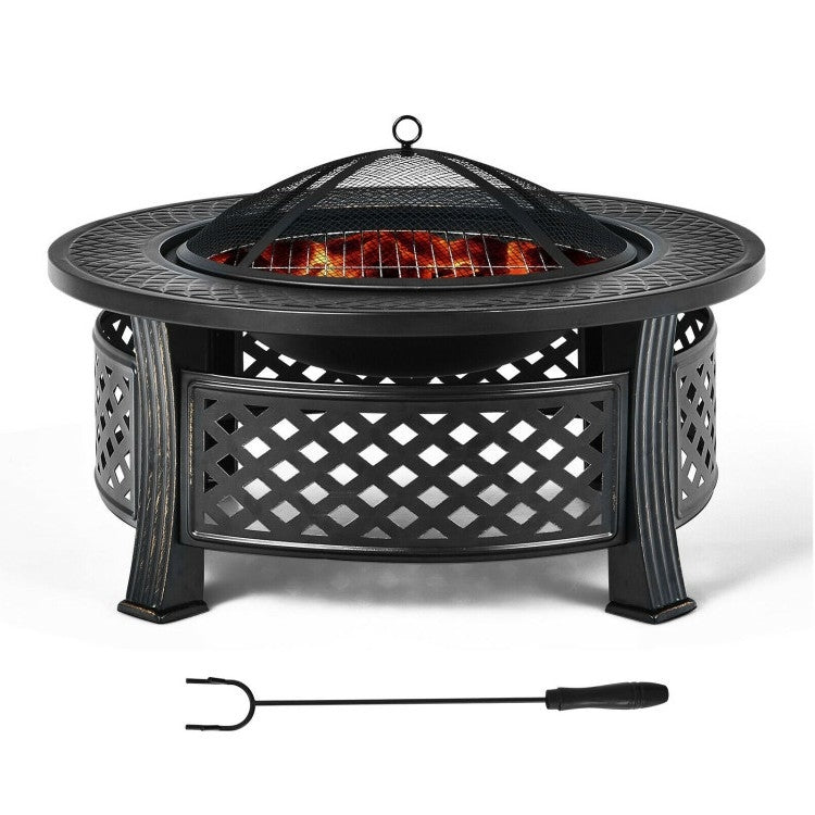 Fast Furnishings Rustic Steel Outdoor Fire Pit with BBQ Grill with Poker and Mesh Cover