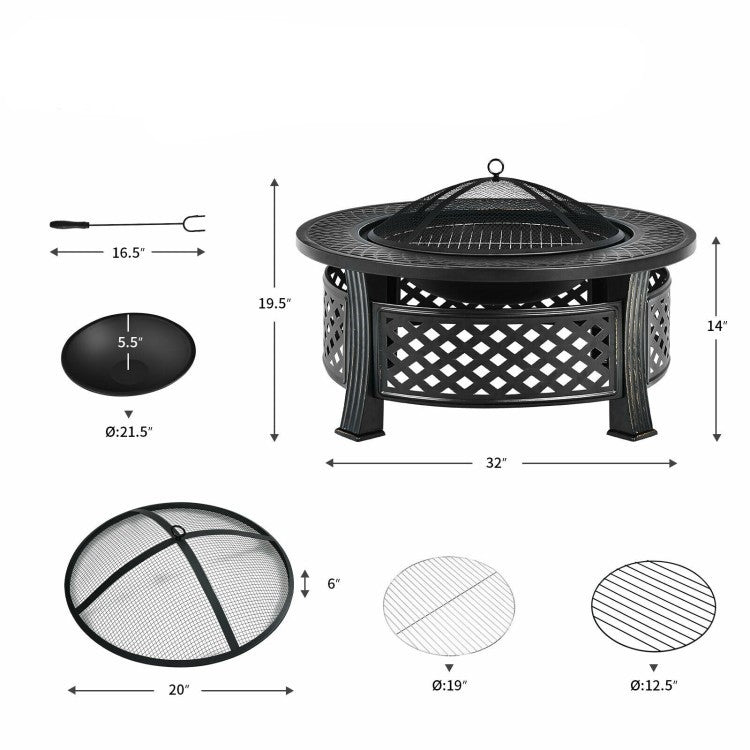 Fast Furnishings Rustic Steel Outdoor Fire Pit with BBQ Grill with Poker and Mesh Cover