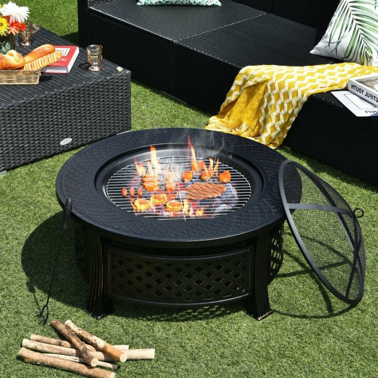 Fast Furnishings Rustic Steel Outdoor Fire Pit with BBQ Grill with Poker and Mesh Cover