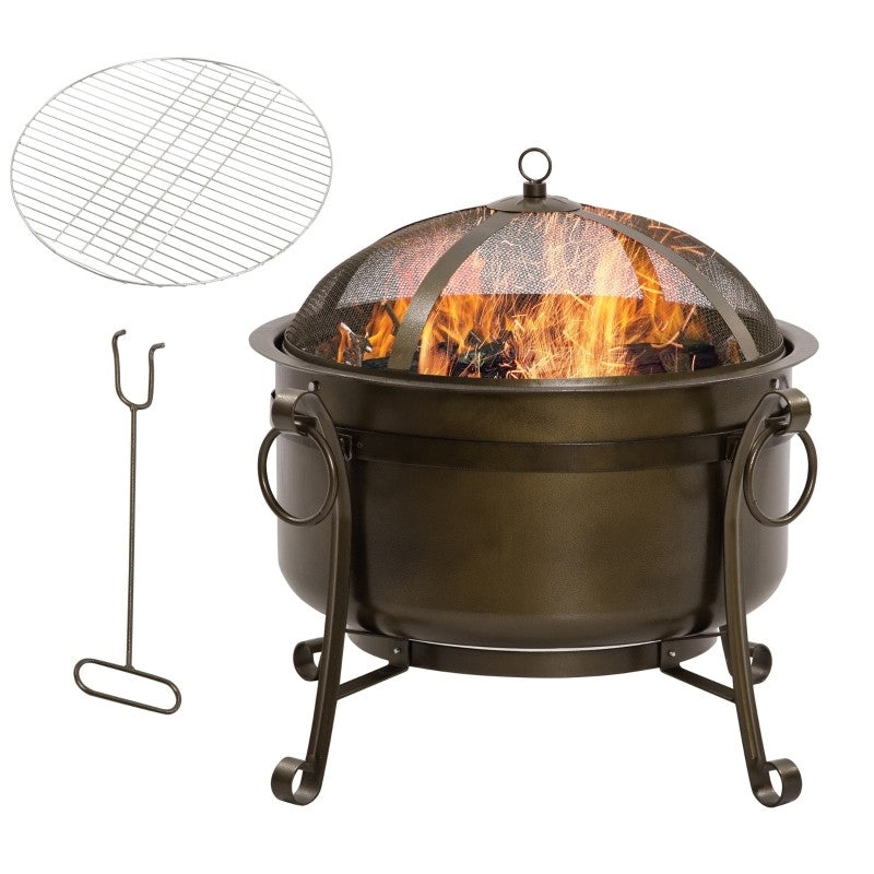 Fast Furnishings Outdoor Wood Burning Fire Pit Cauldron Style Steel Bowl w/ BBQ Grill, Log Poker, and Mesh Screen Lid