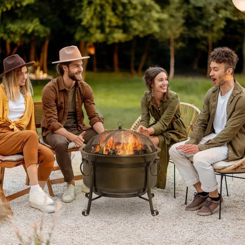 Fast Furnishings Outdoor Wood Burning Fire Pit Cauldron Style Steel Bowl w/ BBQ Grill, Log Poker, and Mesh Screen Lid