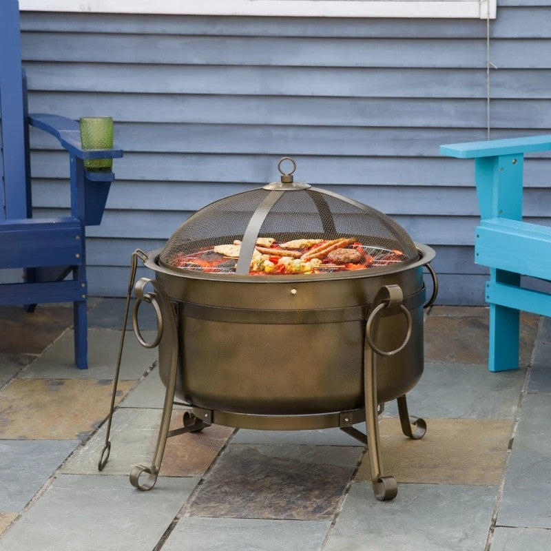 Fast Furnishings Outdoor Wood Burning Fire Pit Cauldron Style Steel Bowl w/ BBQ Grill, Log Poker, and Mesh Screen Lid