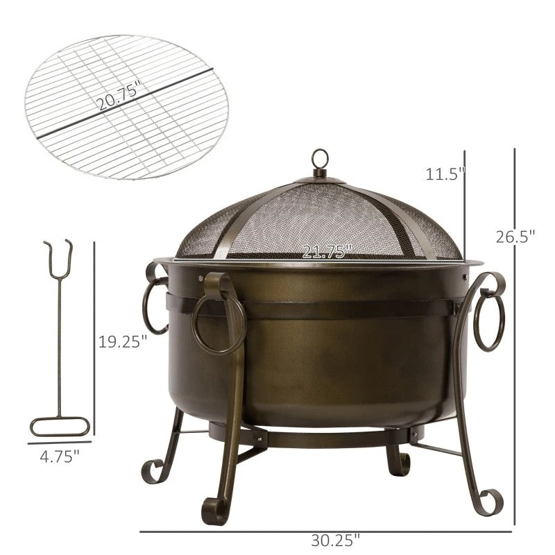 Fast Furnishings Outdoor Wood Burning Fire Pit Cauldron Style Steel Bowl w/ BBQ Grill, Log Poker, and Mesh Screen Lid