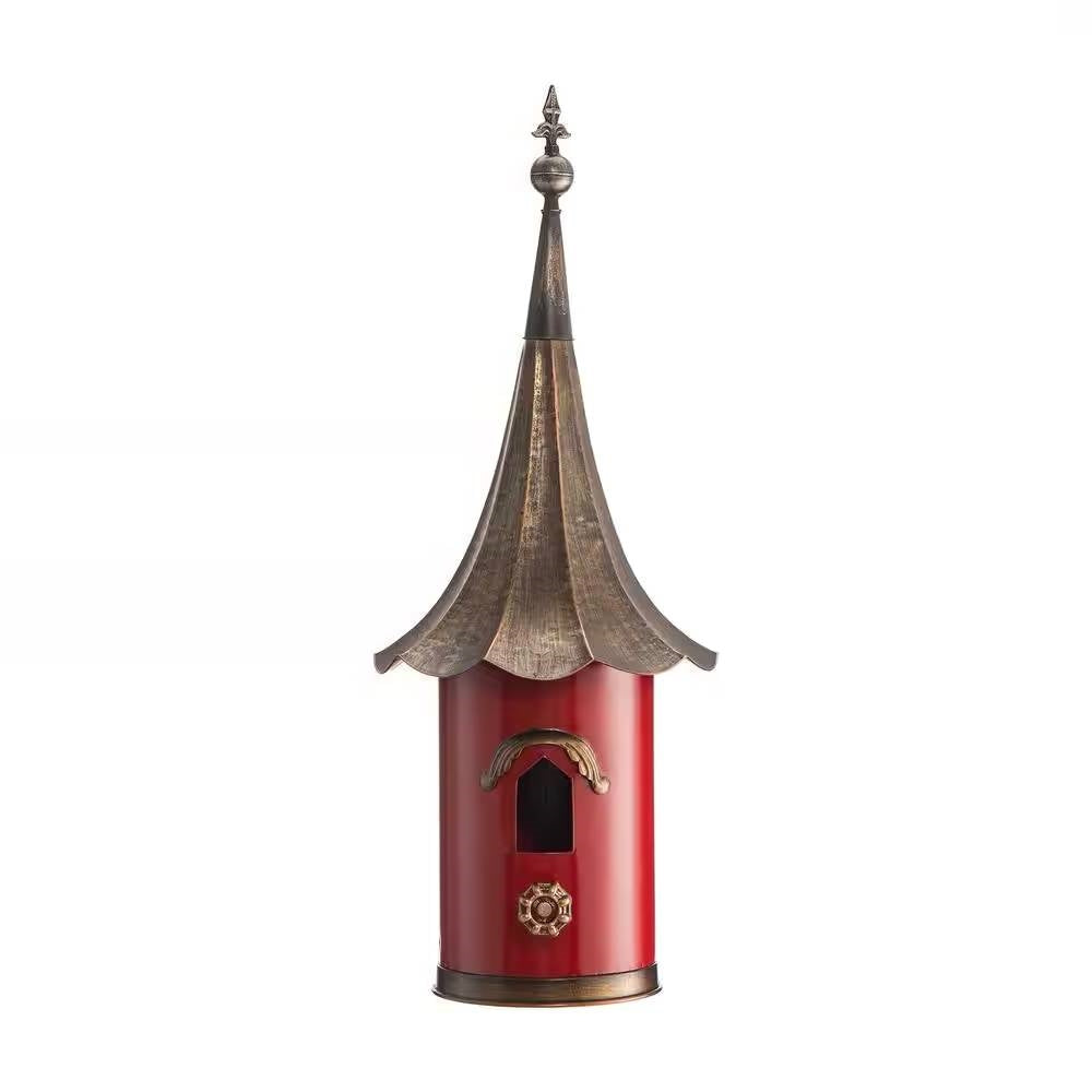 Fast Furnishings Red Metal Birdhouse with Copper Bronze Finish Gramophone Roof