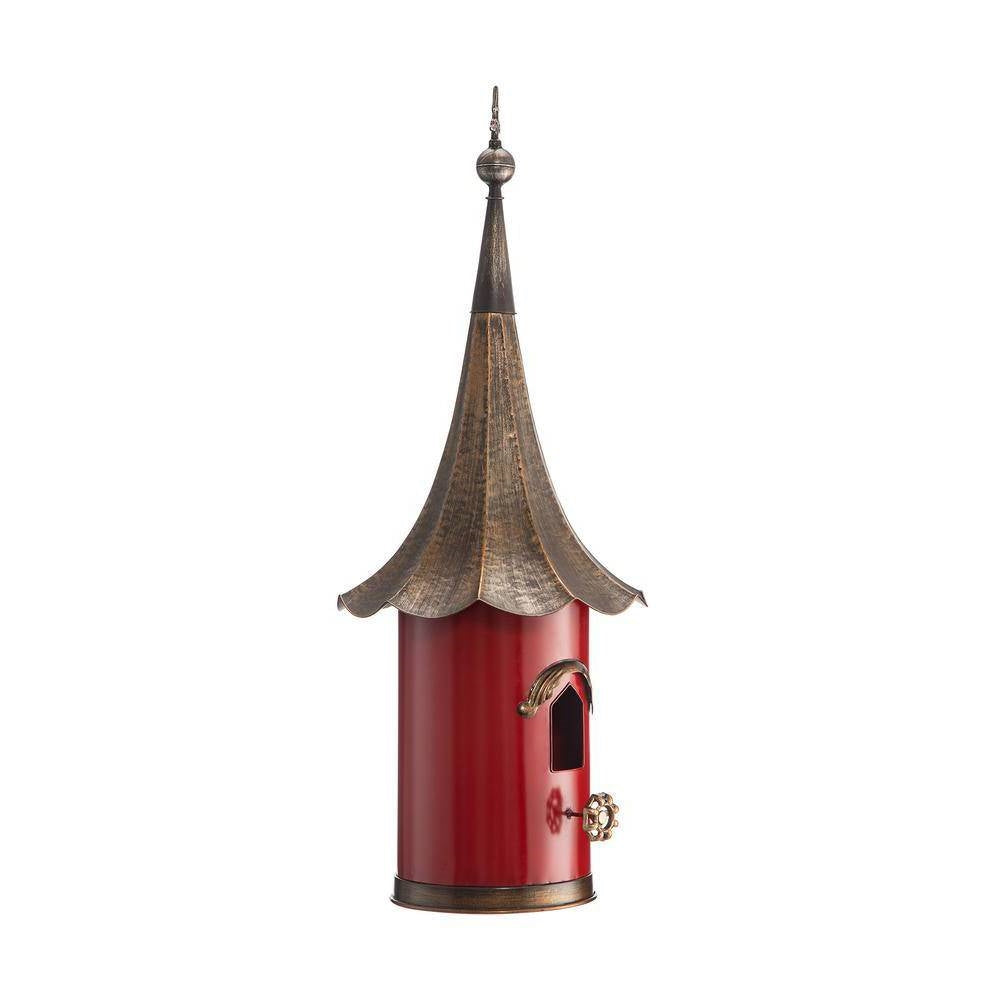 Fast Furnishings Red Metal Birdhouse with Copper Bronze Finish Gramophone Roof