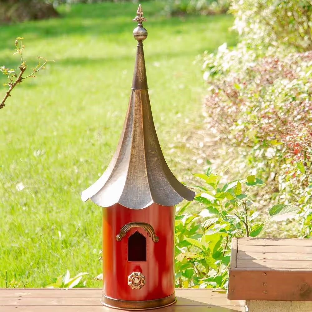 Fast Furnishings Red Metal Birdhouse with Copper Bronze Finish Gramophone Roof