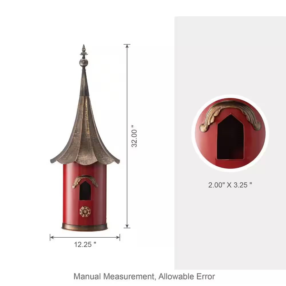 Fast Furnishings Red Metal Birdhouse with Copper Bronze Finish Gramophone Roof