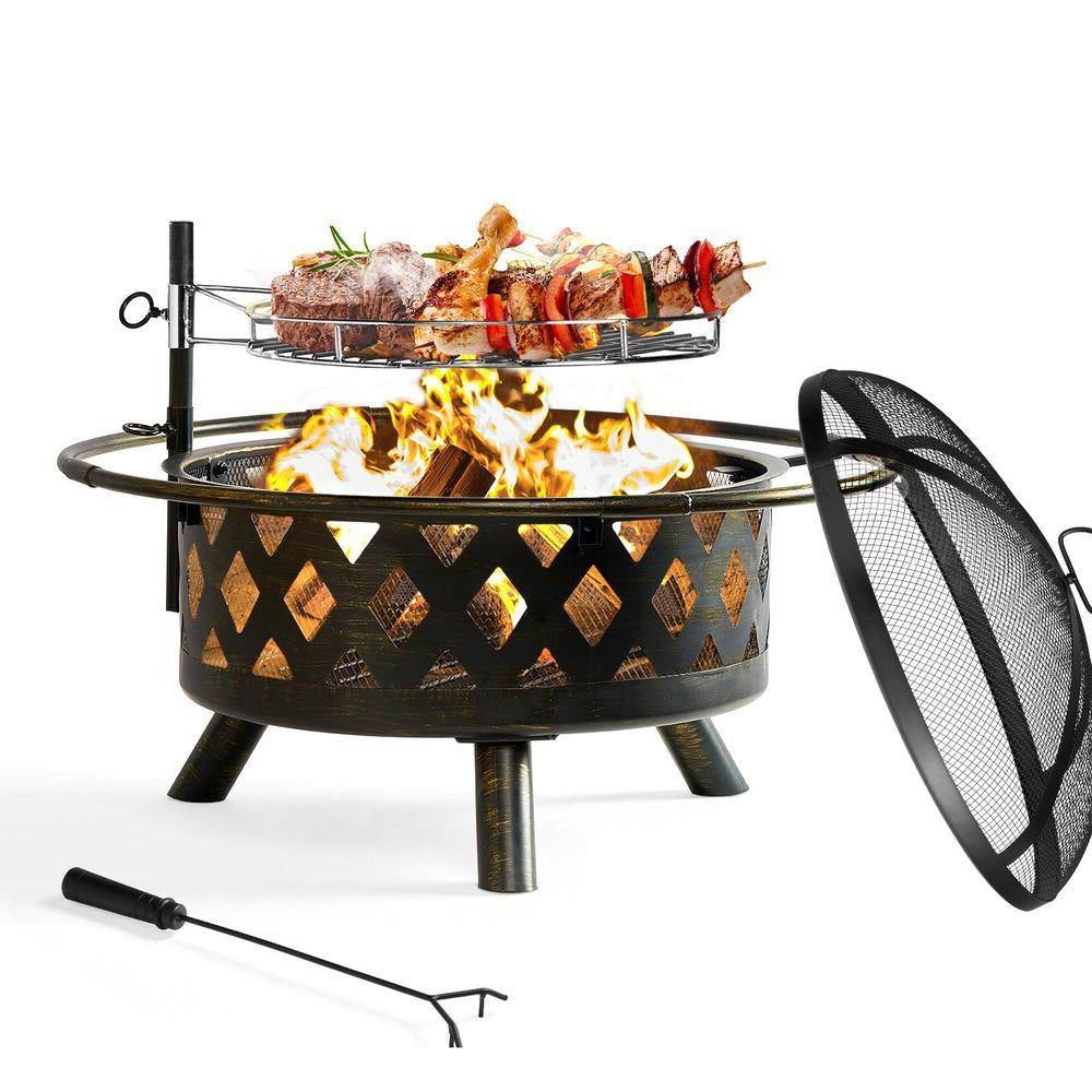 Fast Furnishings 30-inch Wood Burning Outdoor Heavy Duty Steel Fire Pit Grill