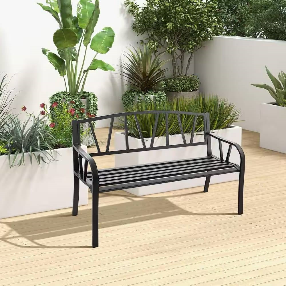 Fast Furnishings Black Metal 2-Person Outdoor Garden Bench with Armrest - 660 lbs. Max Weight