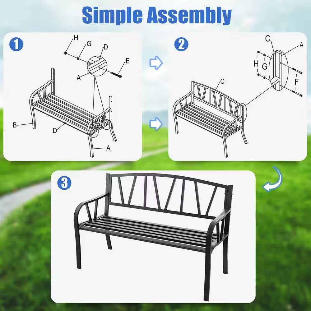 Fast Furnishings Black Metal 2-Person Outdoor Garden Bench with Armrest - 660 lbs. Max Weight