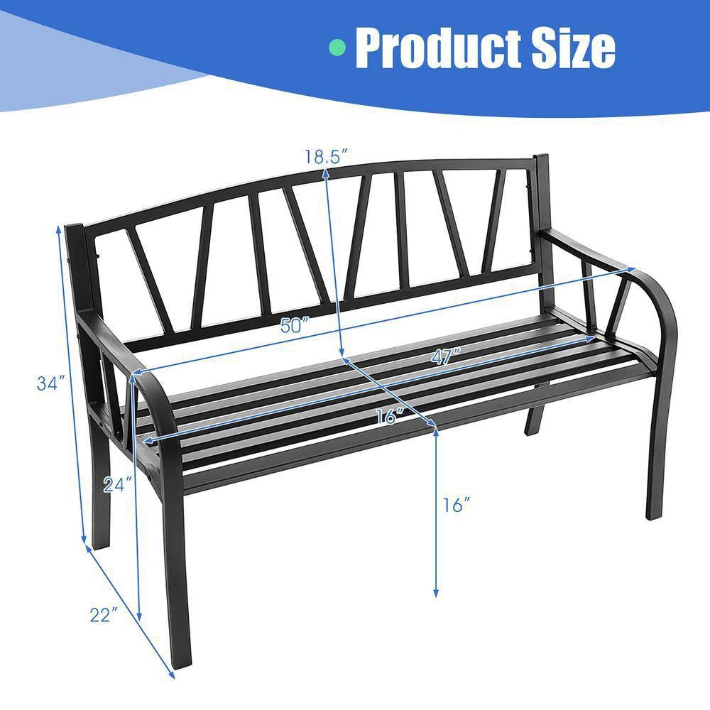 Fast Furnishings Black Metal 2-Person Outdoor Garden Bench with Armrest - 660 lbs. Max Weight