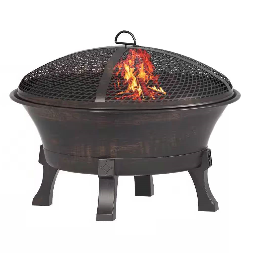 Fast Furnishings 26-inch Outdoor Cast Iron Fire Pit with Mesh Cover and Poker in Bronze