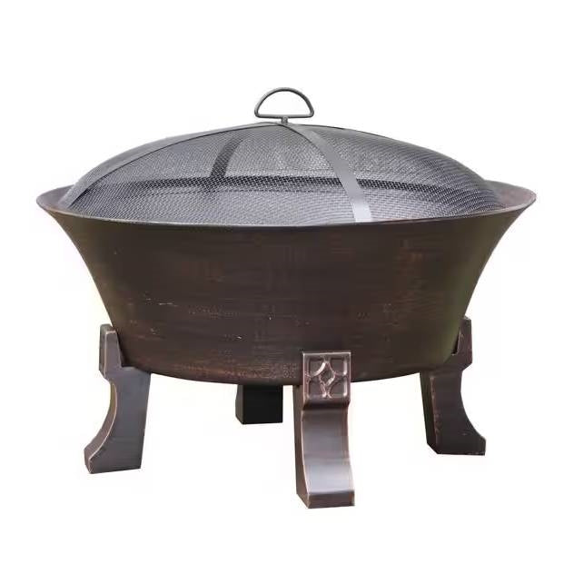 Fast Furnishings 26-inch Outdoor Cast Iron Fire Pit with Mesh Cover and Poker in Bronze