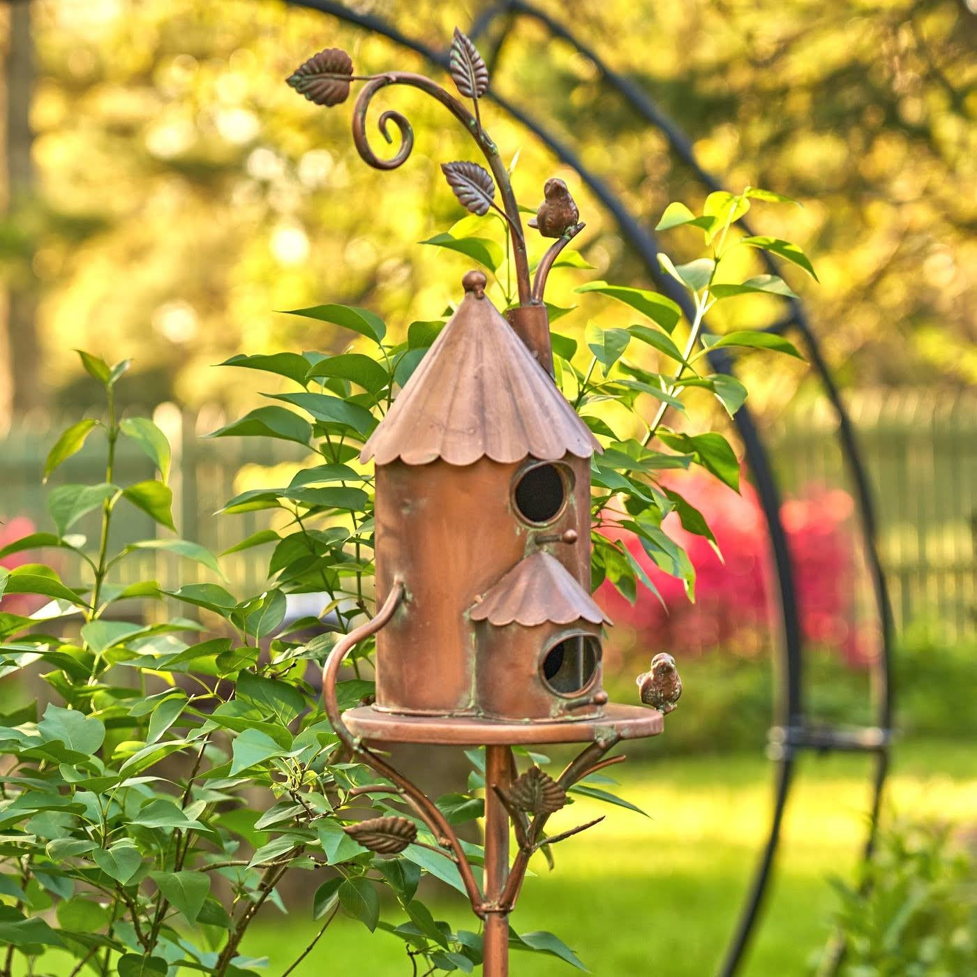 Fast Furnishings Cast Iron Metal Birdhouse with Pole and Stake in Copper Finish