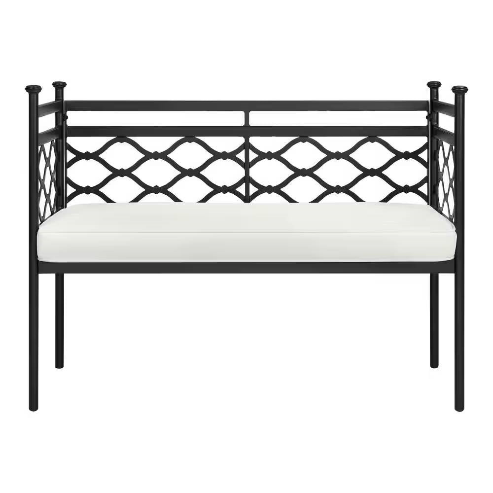 Fast Furnishings Outdoor Patio Black Metal Garden Bench with White Natural Seat Cushion