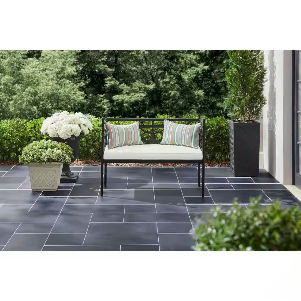 Fast Furnishings Outdoor Patio Black Metal Garden Bench with White Natural Seat Cushion