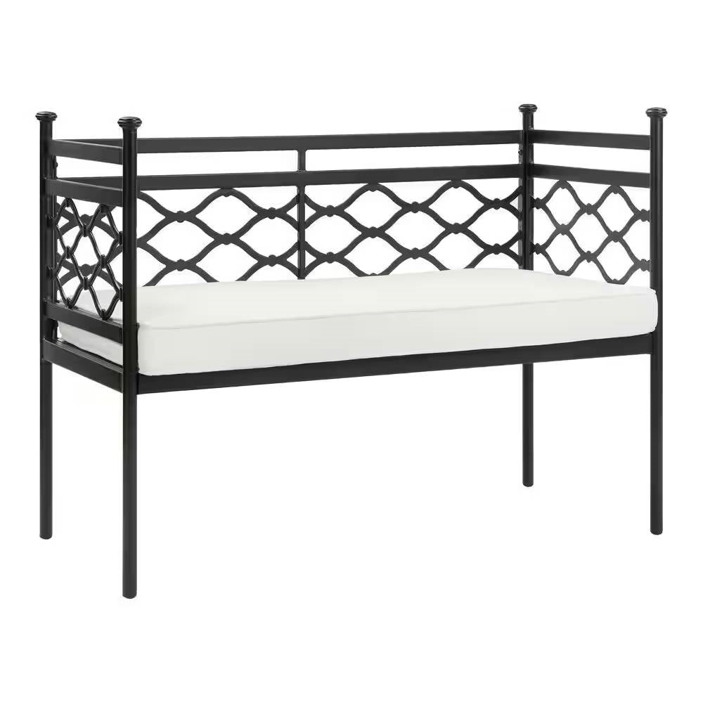 Fast Furnishings Outdoor Patio Black Metal Garden Bench with White Natural Seat Cushion