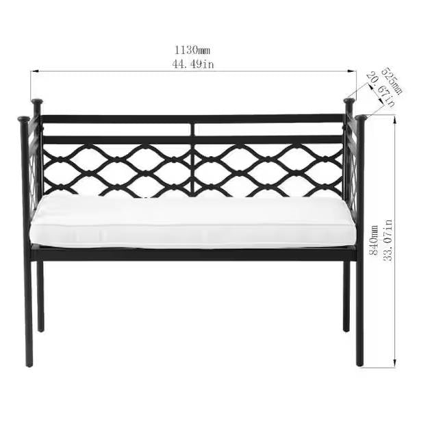 Fast Furnishings Outdoor Patio Black Metal Garden Bench with White Natural Seat Cushion