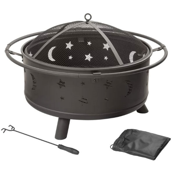 Fast Furnishings Heavy Duty Steel Metal Wood Burning Fire Pit with Moon and Stars Cutouts