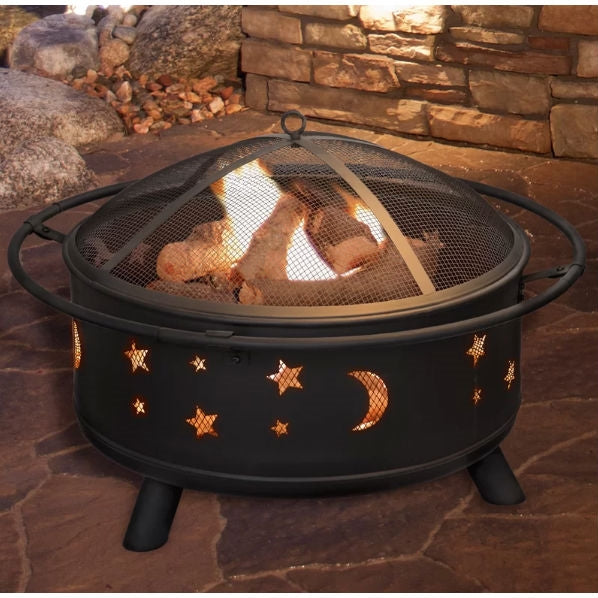 Fast Furnishings Heavy Duty Steel Metal Wood Burning Fire Pit with Moon and Stars Cutouts