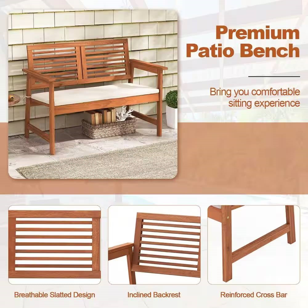 Fast Furnishings Solid Wood Outdoor Patio Garden Bench w/ Slatted Back Armrests and Seat Cushion