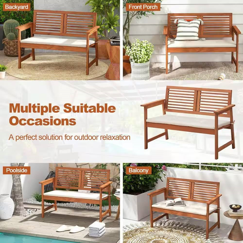 Fast Furnishings Solid Wood Outdoor Patio Garden Bench w/ Slatted Back Armrests and Seat Cushion