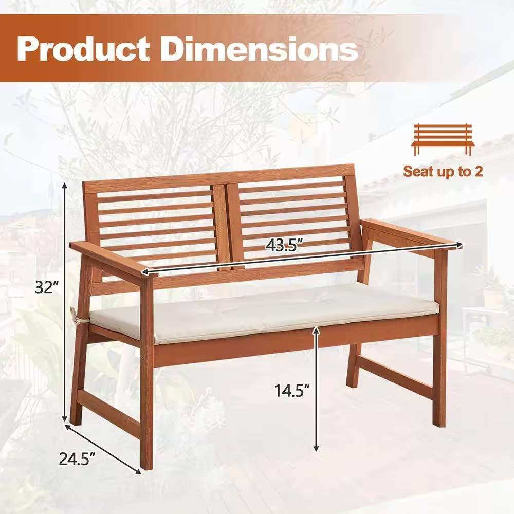 Fast Furnishings Solid Wood Outdoor Patio Garden Bench w/ Slatted Back Armrests and Seat Cushion