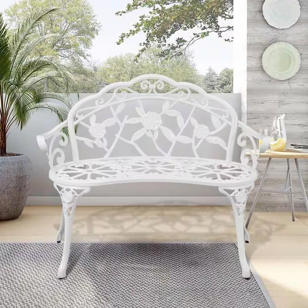 Fast Furnishings Outdoor Patio 39-inch Garden Bench with Backrest in White Metal Finish