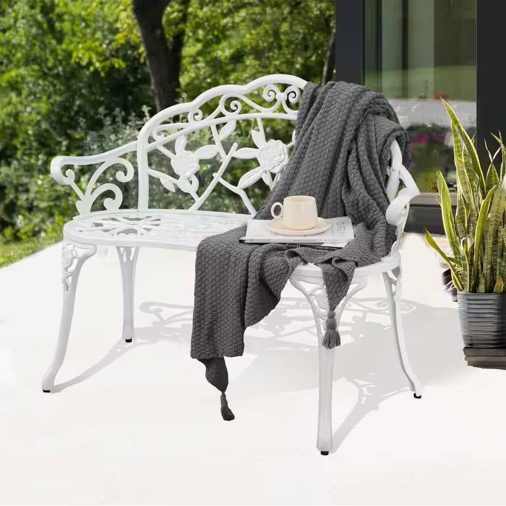 Fast Furnishings Outdoor Patio 39-inch Garden Bench with Backrest in White Metal Finish