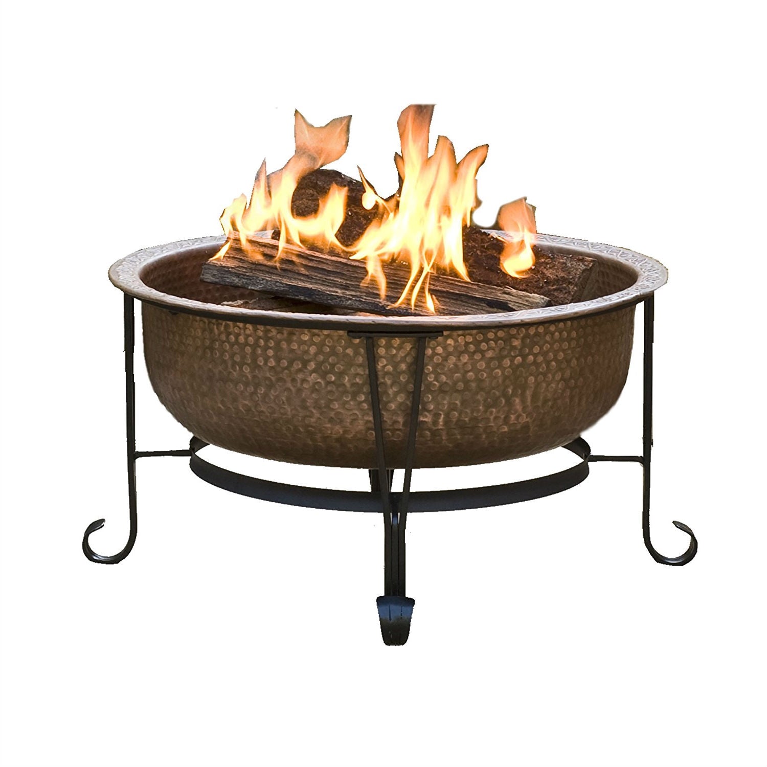 Fast Furnishings Hammered Copper Fire Pit with Heavy Duty Spark Guard Cover and Stand