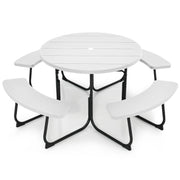 Fast Furnishings White Outdoor Metal and HDPE Picnic Table Bench Set with Umbrella Hole - Seats 8