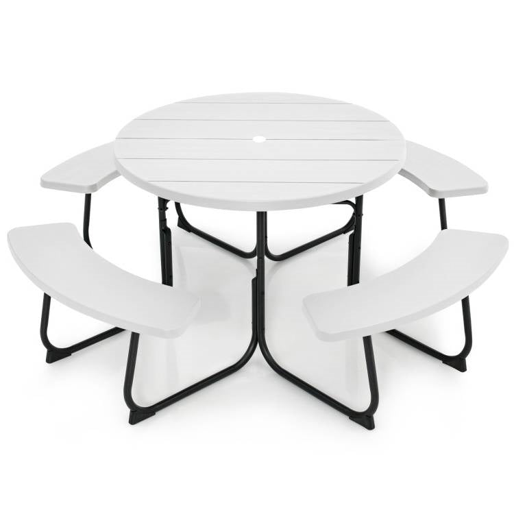 Fast Furnishings White Outdoor Metal and HDPE Picnic Table Bench Set with Umbrella Hole - Seats 8