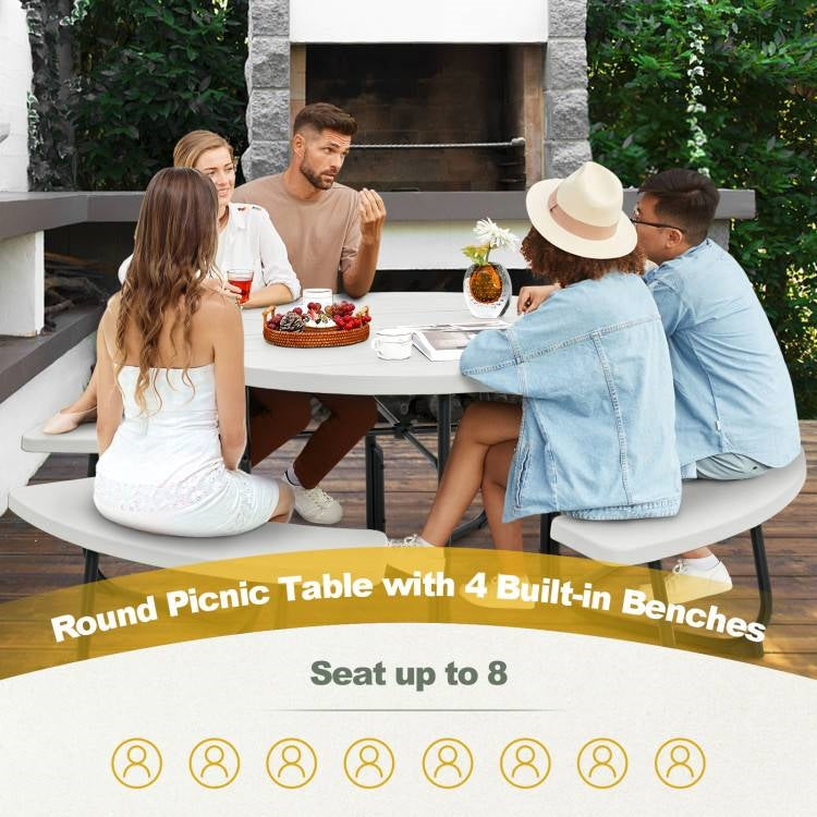 Fast Furnishings White Outdoor Metal and HDPE Picnic Table Bench Set with Umbrella Hole - Seats 8