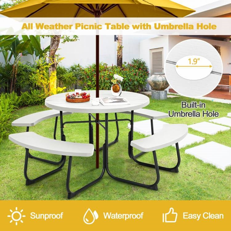 Fast Furnishings White Outdoor Metal and HDPE Picnic Table Bench Set with Umbrella Hole - Seats 8