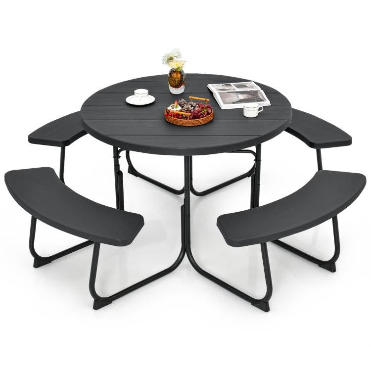 Fast Furnishings Black Outdoor Metal and HDPE Picnic Table Bench Set with Umbrella Hole - Seats 8