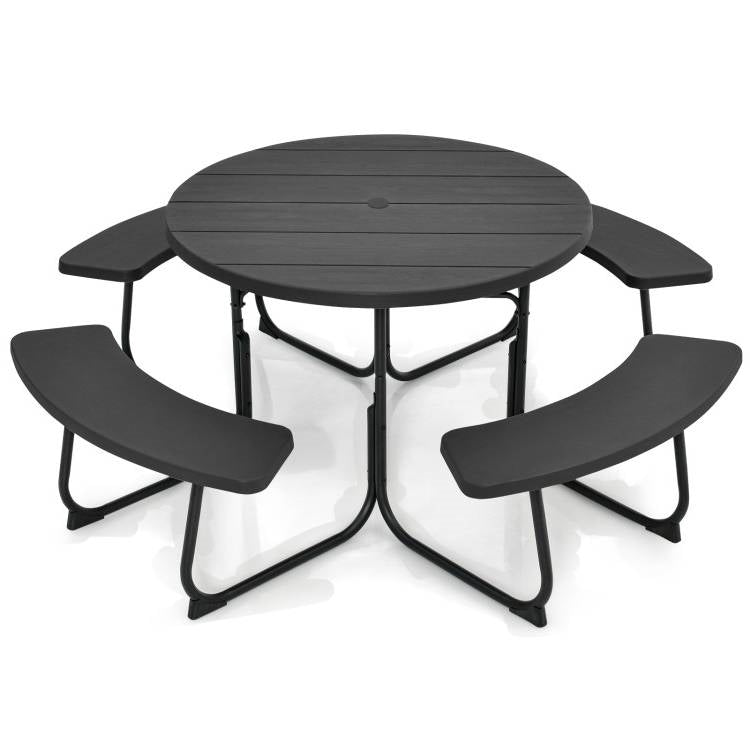 Fast Furnishings Black Outdoor Metal and HDPE Picnic Table Bench Set with Umbrella Hole - Seats 8