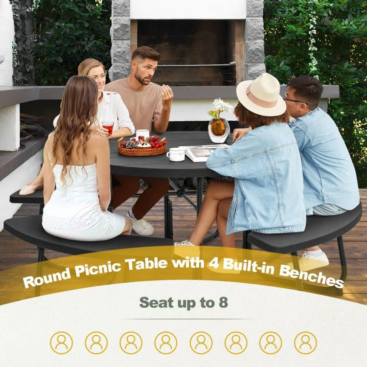 Fast Furnishings Black Outdoor Metal and HDPE Picnic Table Bench Set with Umbrella Hole - Seats 8