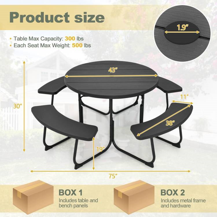 Fast Furnishings Black Outdoor Metal and HDPE Picnic Table Bench Set with Umbrella Hole - Seats 8