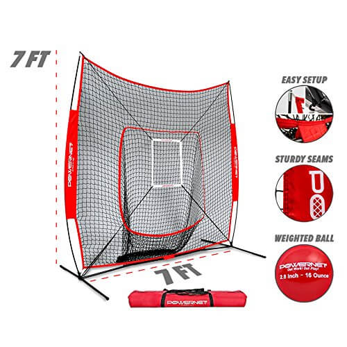 PowerNet DLX 7x7 Baseball Softball Hitting Net + Weighted Heavy Ball + Strike Zone Attachment + Carry Bag by Jupiter Gear