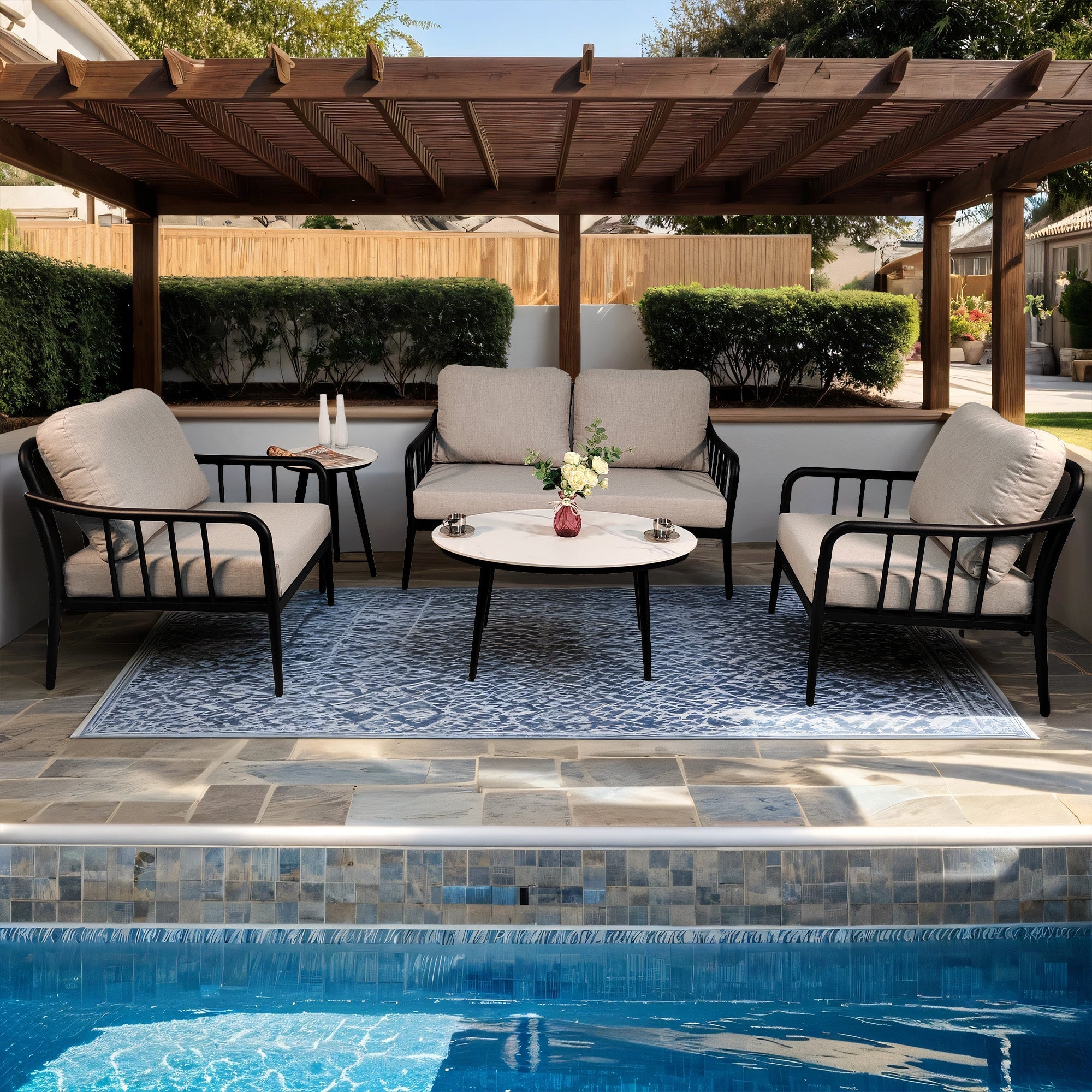 5-Piece Modern Patio Conversation Set with Plush Cushions, Marble-Look Coffee Table, & End Table