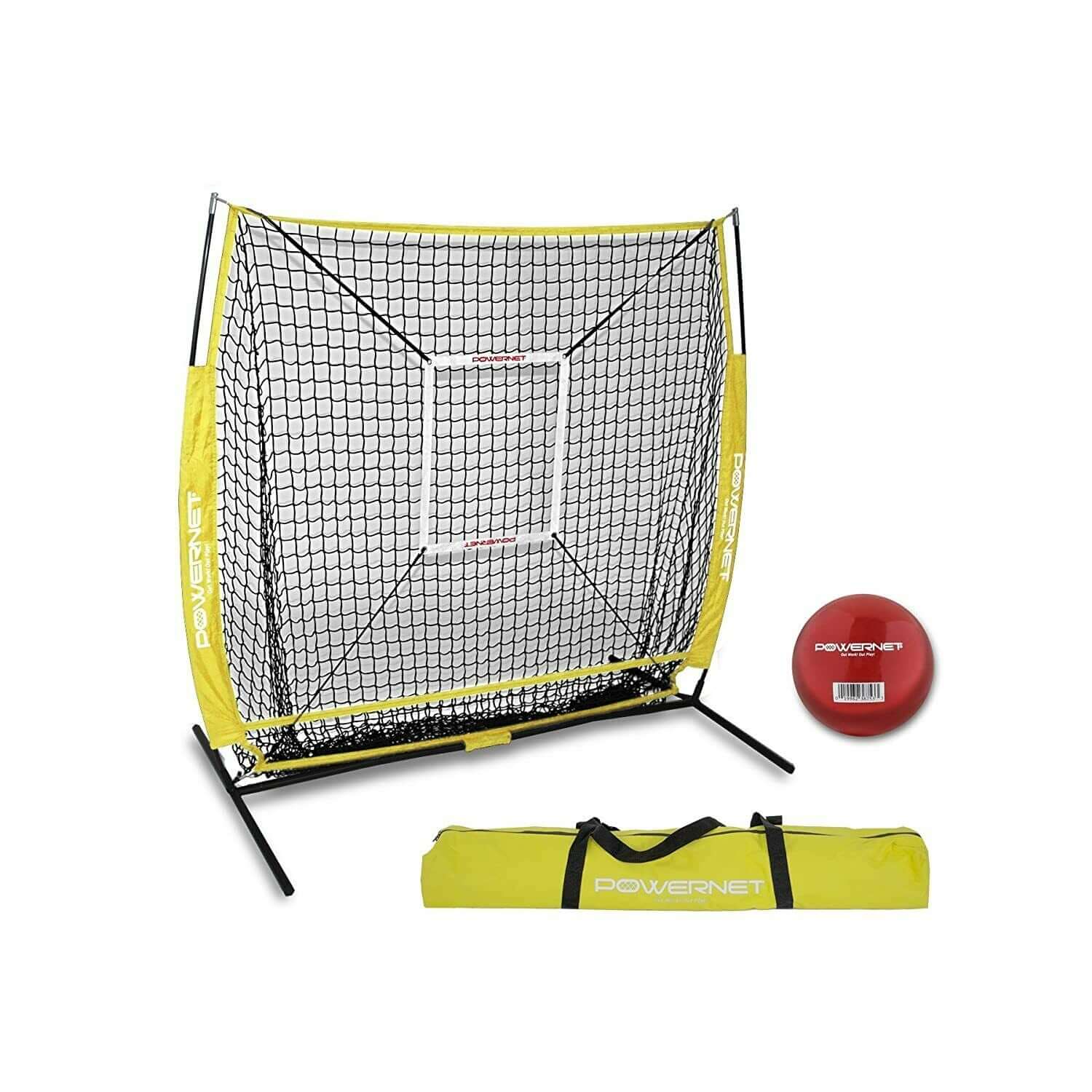 PowerNet 5x5 Practice Hitting Pitching Net + Strike Zone Attachment + Weighted Training Ball Bundle + Carry Bag by Jupiter Gear